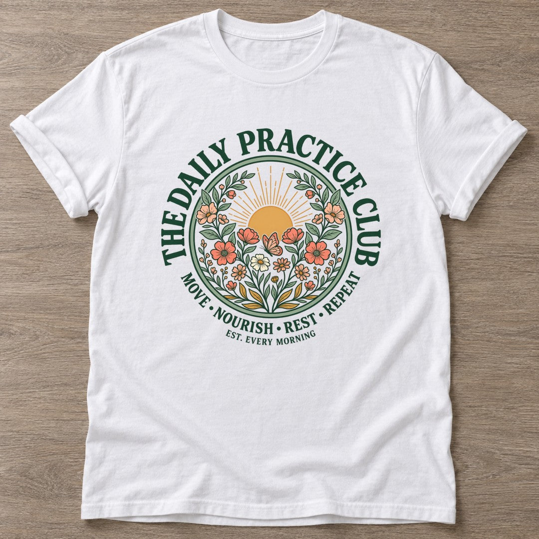 White Bloom Repeat T-shirt — floral strength design, for women who train