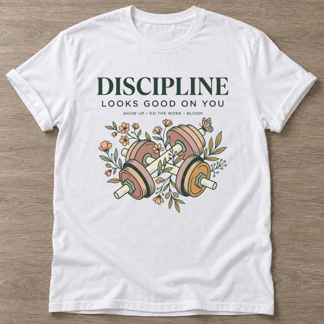 White Show Up Bloom T-shirt — floral strength design, for women who train