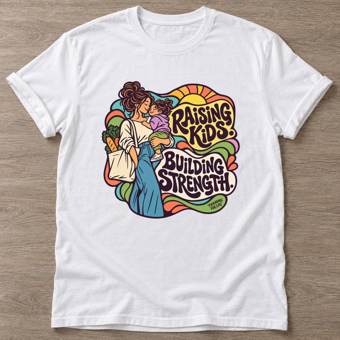 White Strength Through Motherhood T-shirt — motivational slogan design, for women who train