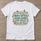 White Bloom In Motion T-shirt — floral strength design, for women who train