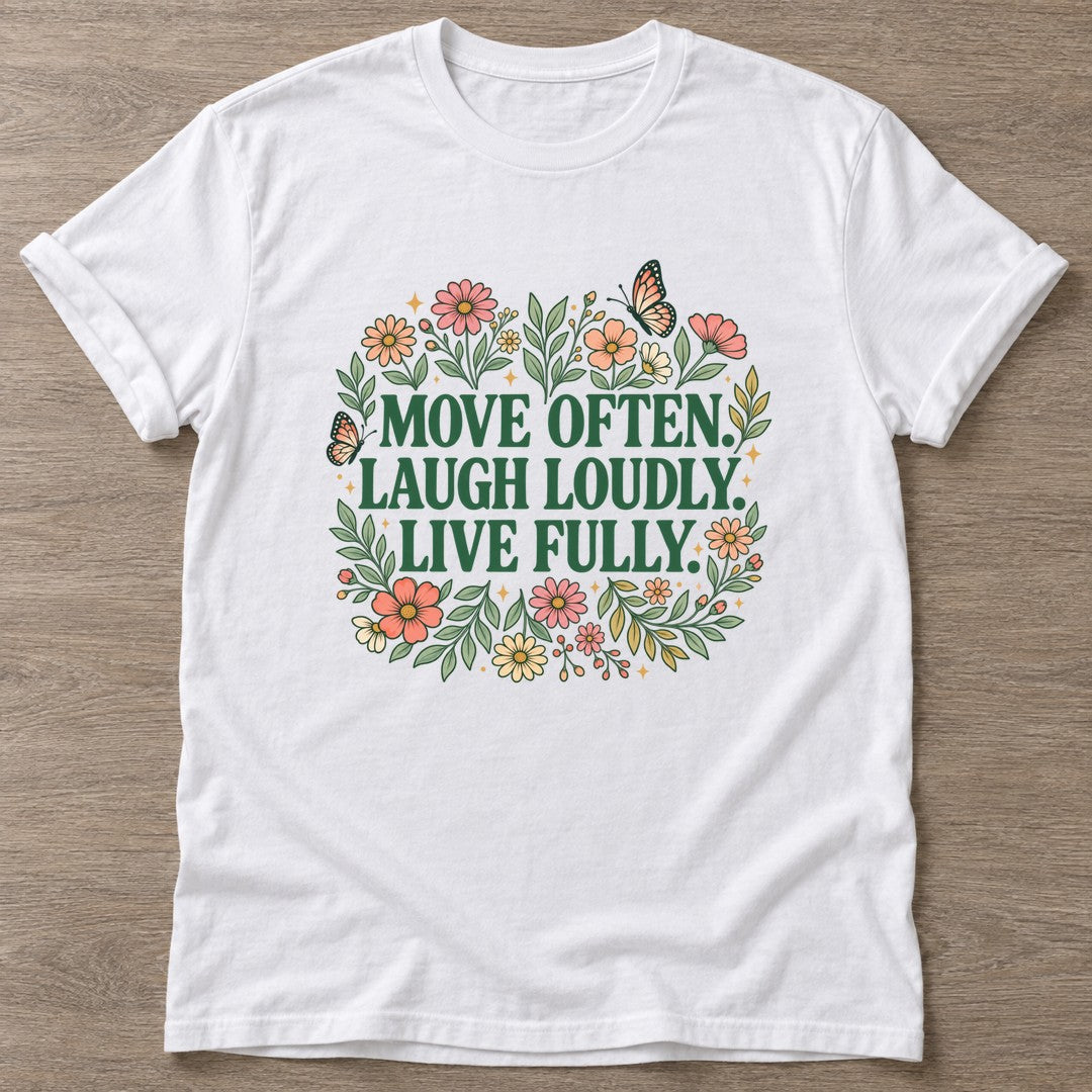 White Bloom In Motion T-shirt — floral strength design, for women who train