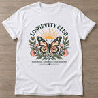 White Butterfly Longevity T-shirt — longevity training design, for women over 40