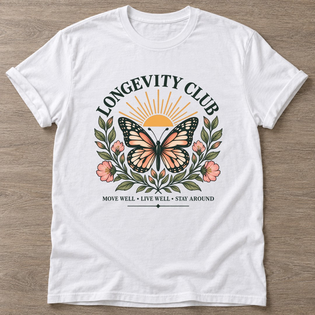 White Butterfly Longevity T-shirt — longevity training design, for women over 40
