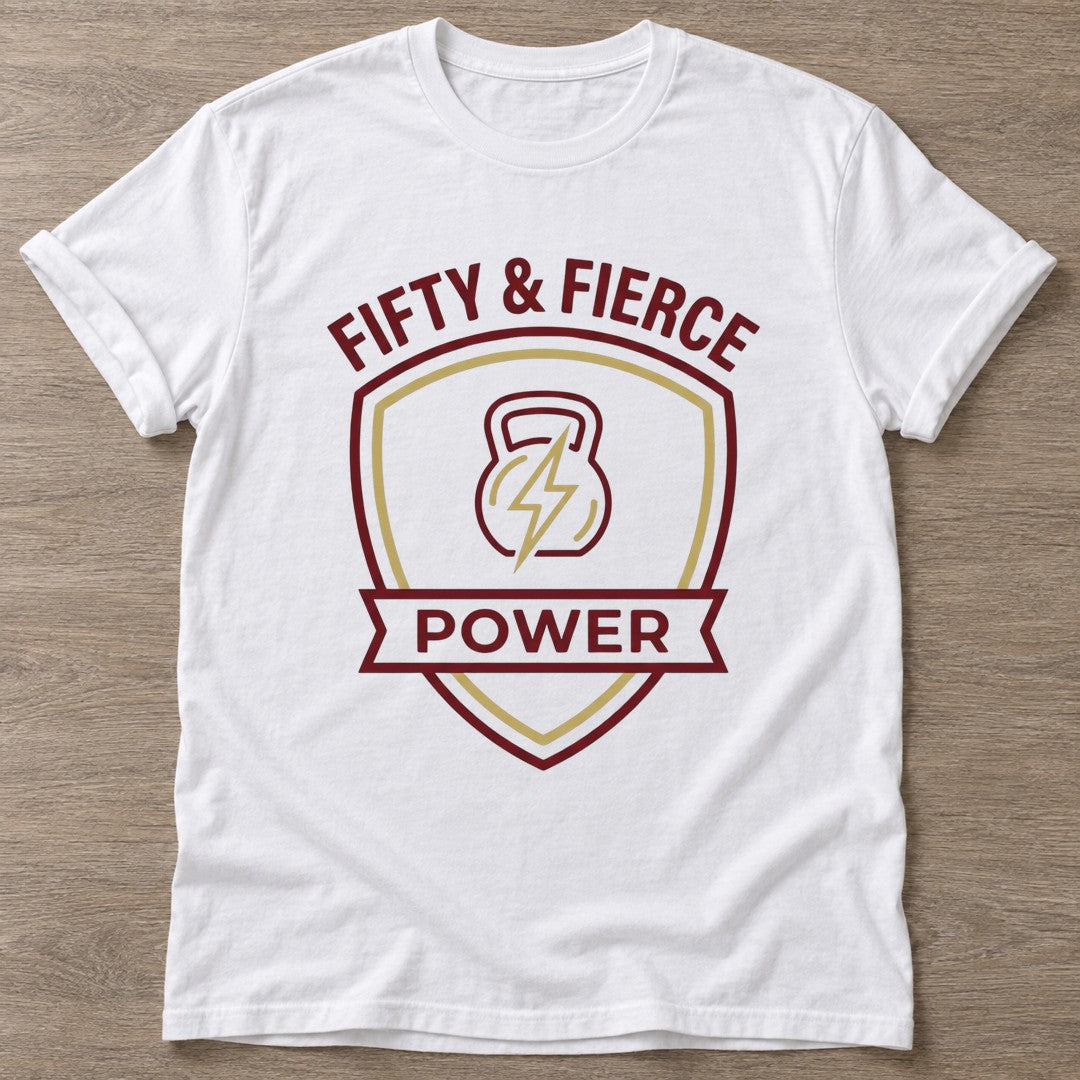 White Fierce Power T-shirt — weightlifting design, for women who lift