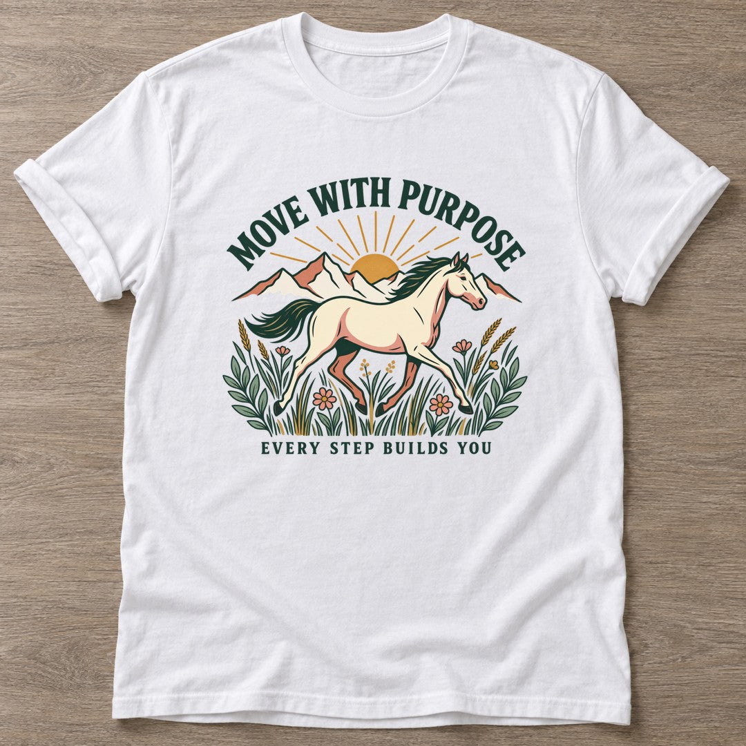 White Purpose Rider T-shirt — motivational slogan design, for women who train
