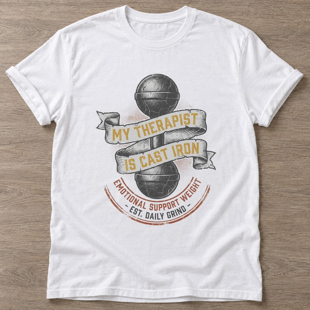 White Cast Iron Therapy T-shirt — weightlifting design, for women who lift