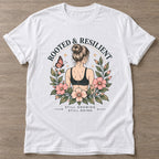 White Bloom Unshaken T-shirt — floral strength design, for women who train