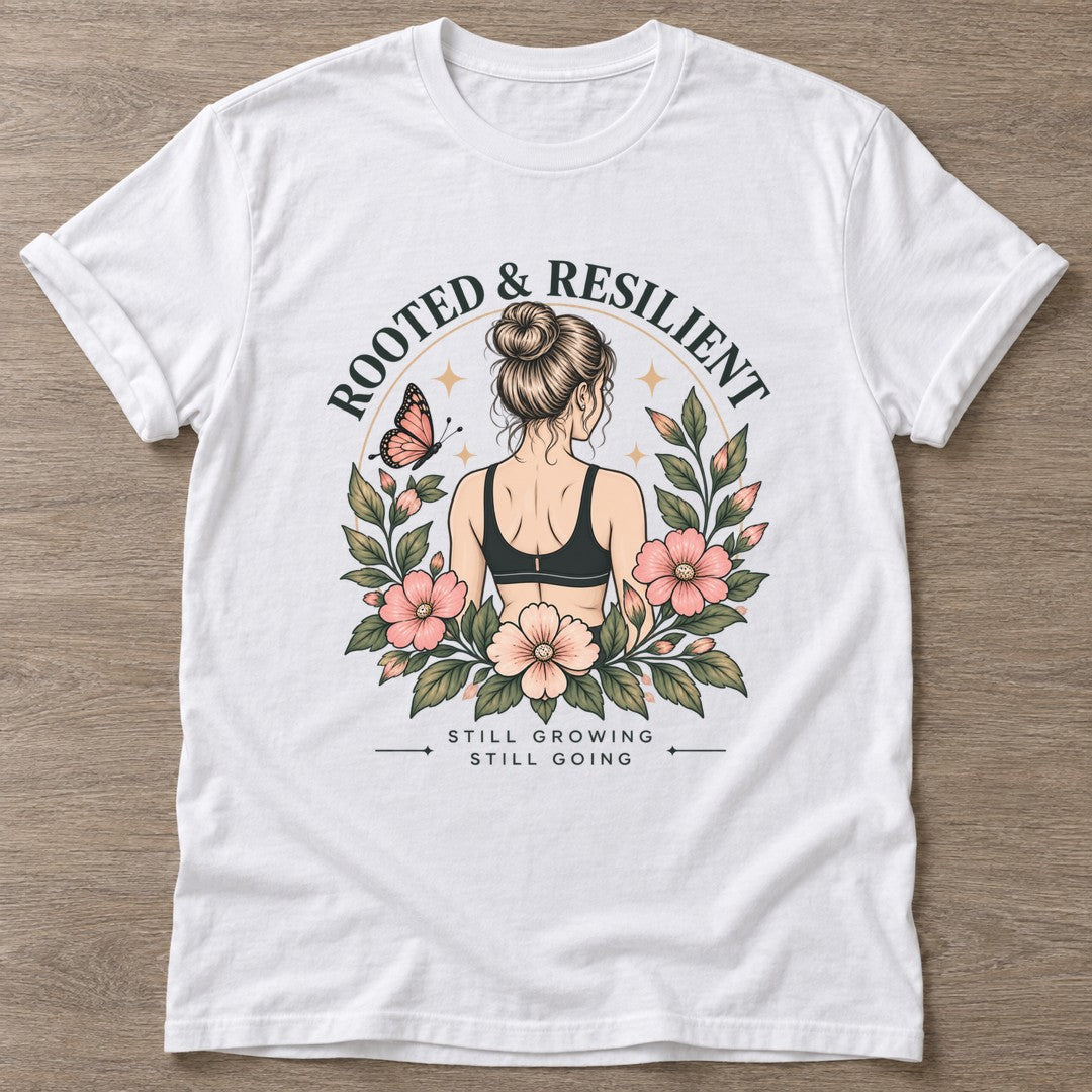 White Bloom Unshaken T-shirt — floral strength design, for women who train