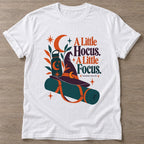 White Hocus Focus T-shirt — funny gym slogan, for women who train and laugh about it
