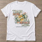 White Train Now Menace T-shirt — longevity training design, for women over 40