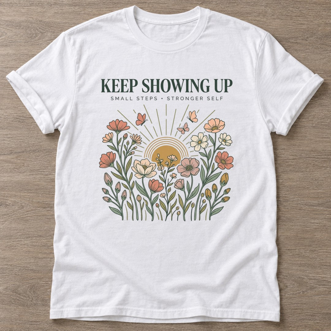 White Small Steps Strong T-shirt — motivational slogan design, for women who train