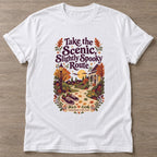 White Scenic Spooky Route T-shirt — walking club design, for women who walk