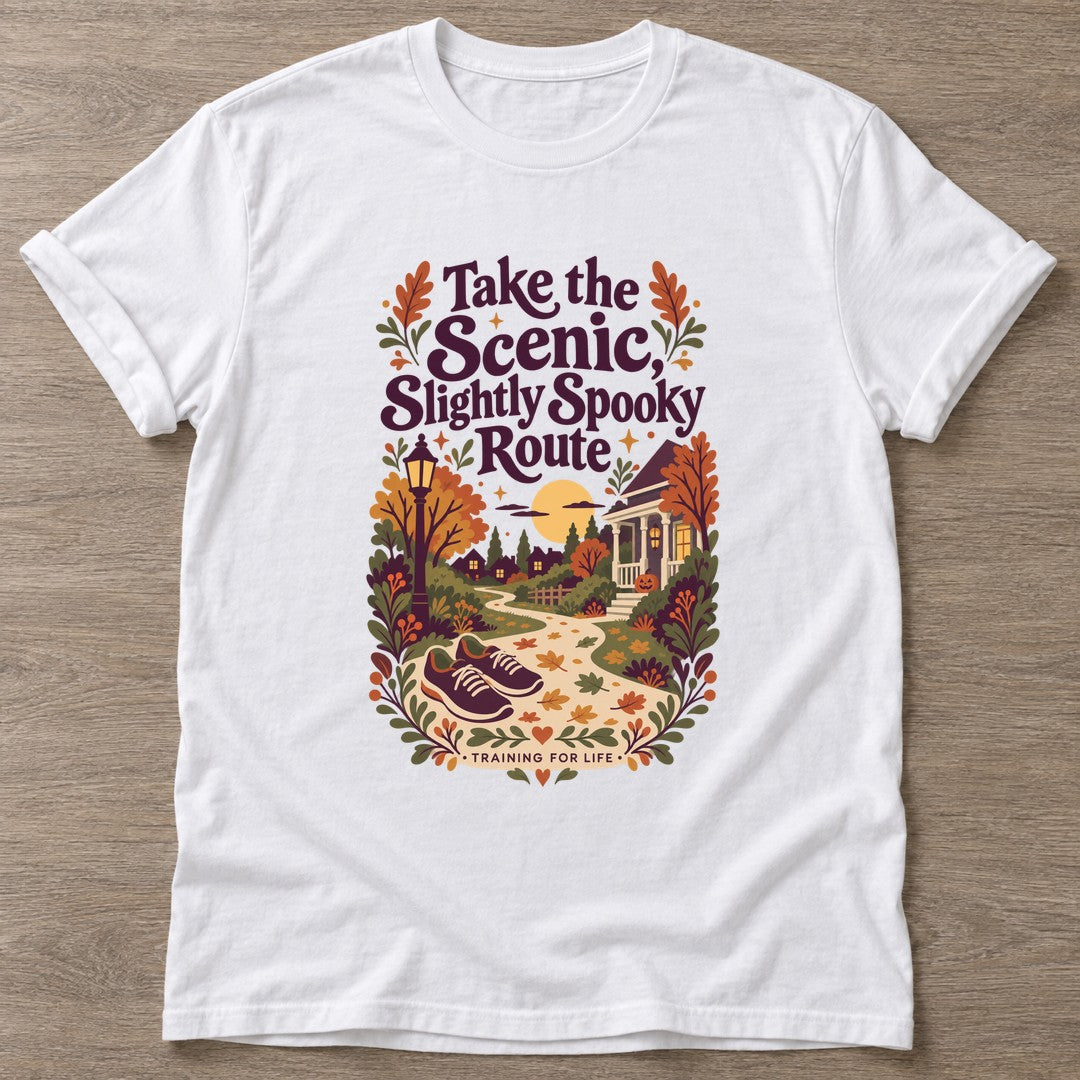 White Scenic Spooky Route T-shirt — walking club design, for women who walk
