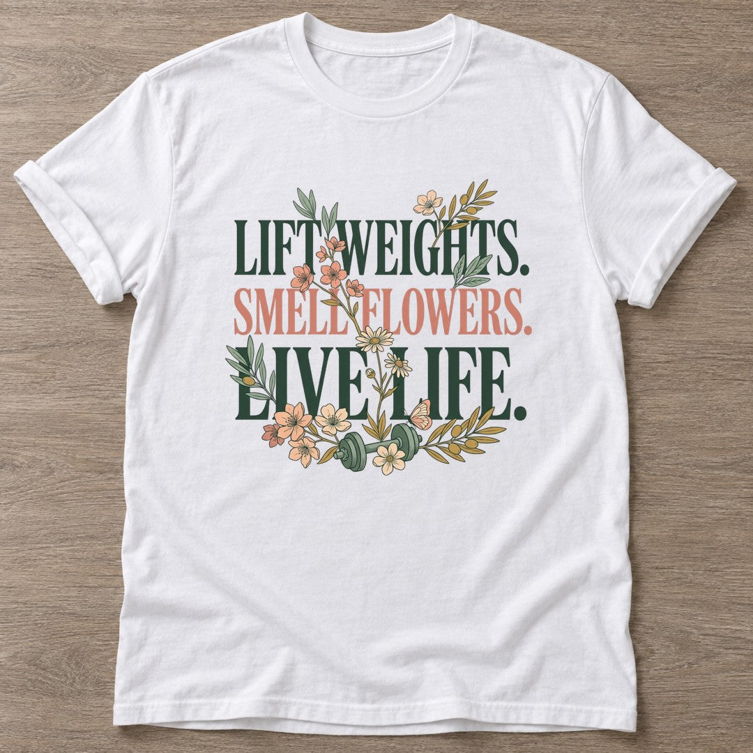 White Gym And Bloom T-shirt — floral strength design, for women who train
