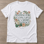 White Patience Over Perfection T-shirt — growth mindset design, for women building a habit