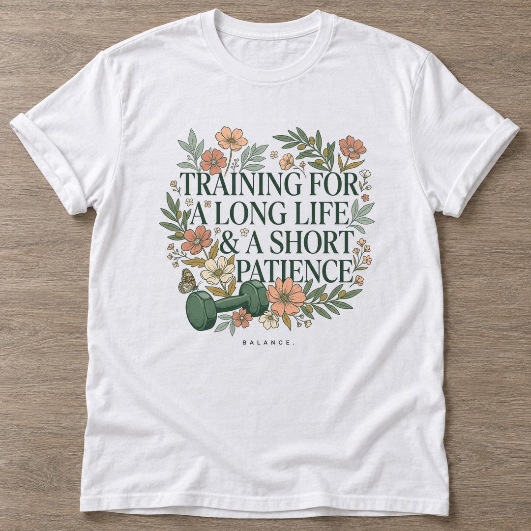 White Patience Over Perfection T-shirt — growth mindset design, for women building a habit
