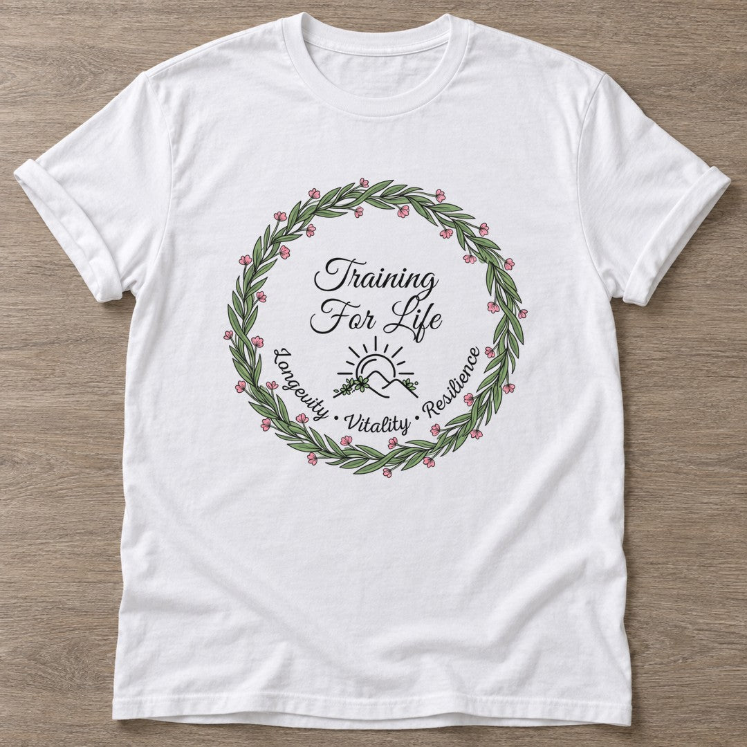 White Longevity Vitality T-shirt — longevity training design, for women over 40