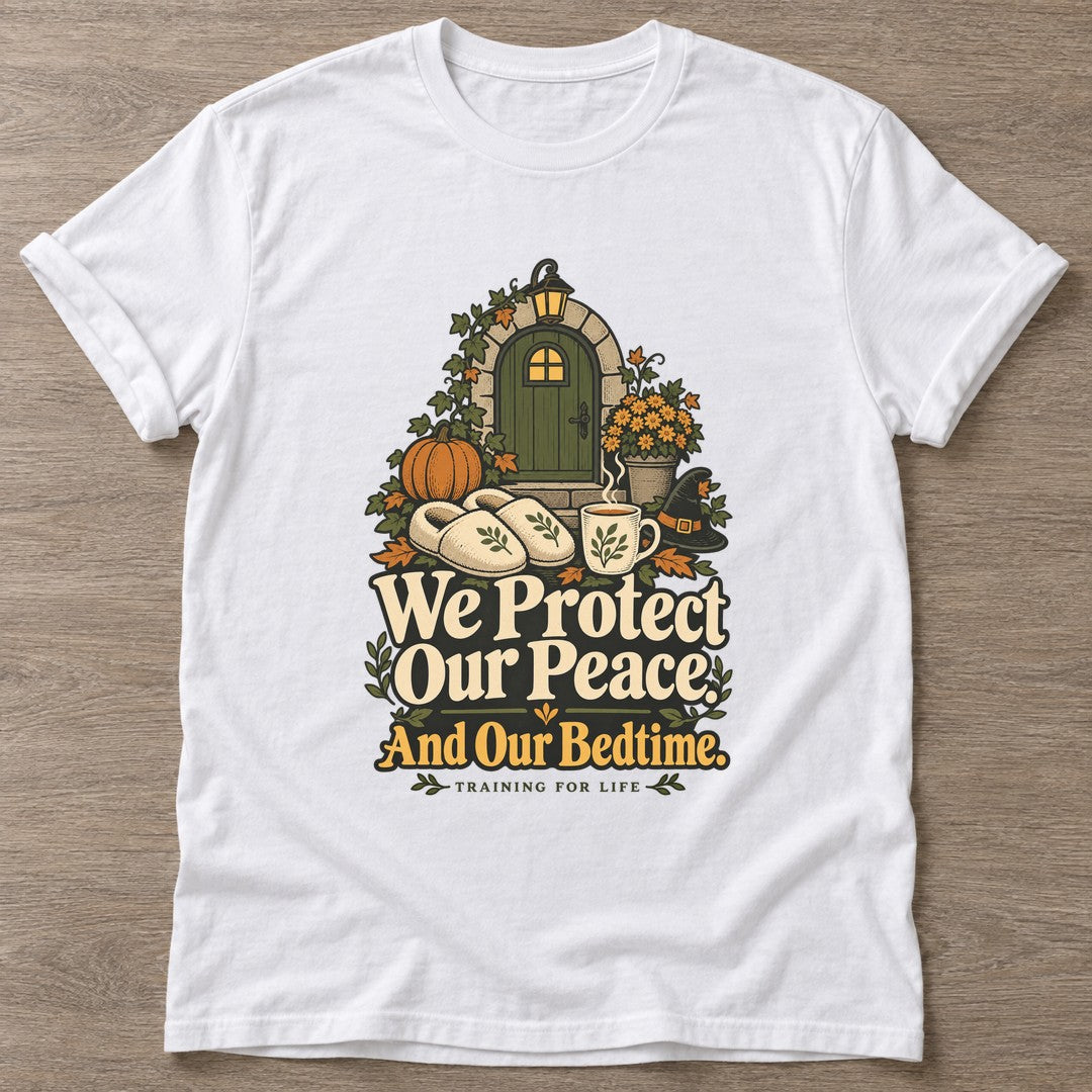 White Peace And Bedtime T-shirt — rest and recovery design, for women who train