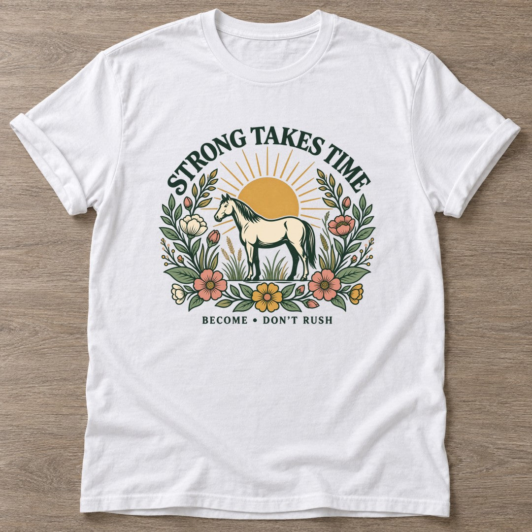 White Don't Rush The Becoming T-shirt — growth mindset design, for women building a habit