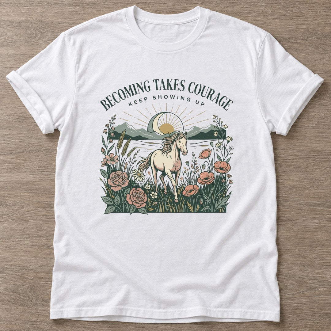 White Courage In Motion T-shirt — motivational slogan design, for women who train