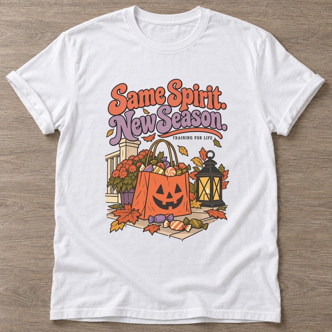 White Autumn Harvest T-shirt — motivational slogan design, for women who train