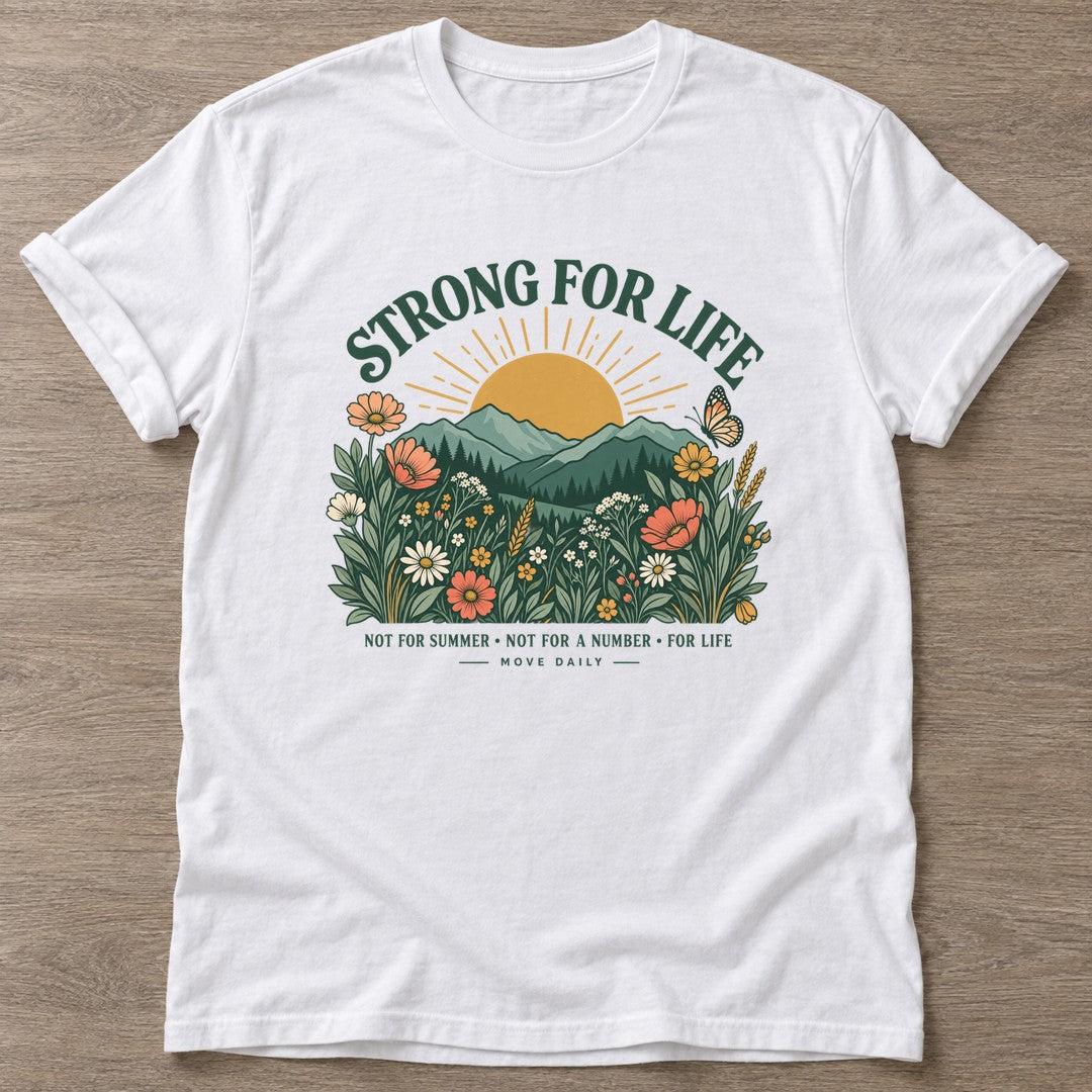 White Wildflower Strength T-shirt — floral strength design, for women who train